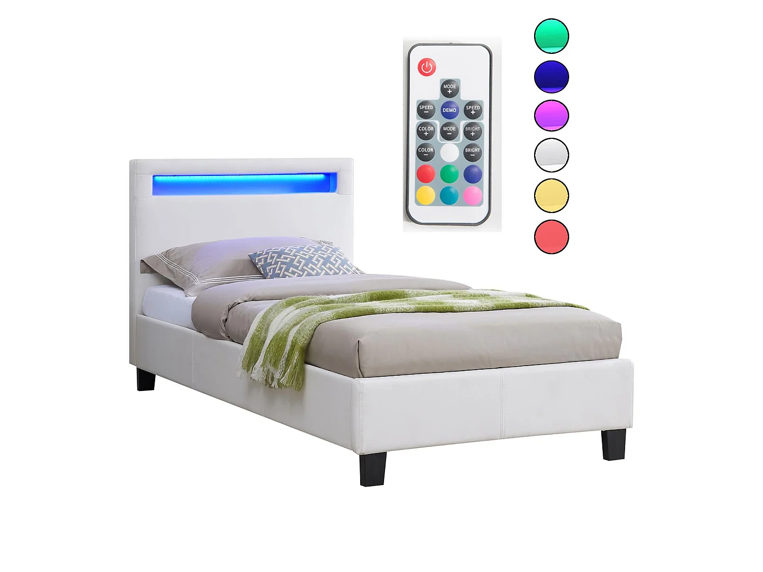 Lit LED simple 90x190 cm avec sommier, tête de lit confortable, lit 1 place revêtement synthétique blanc, LUCENO