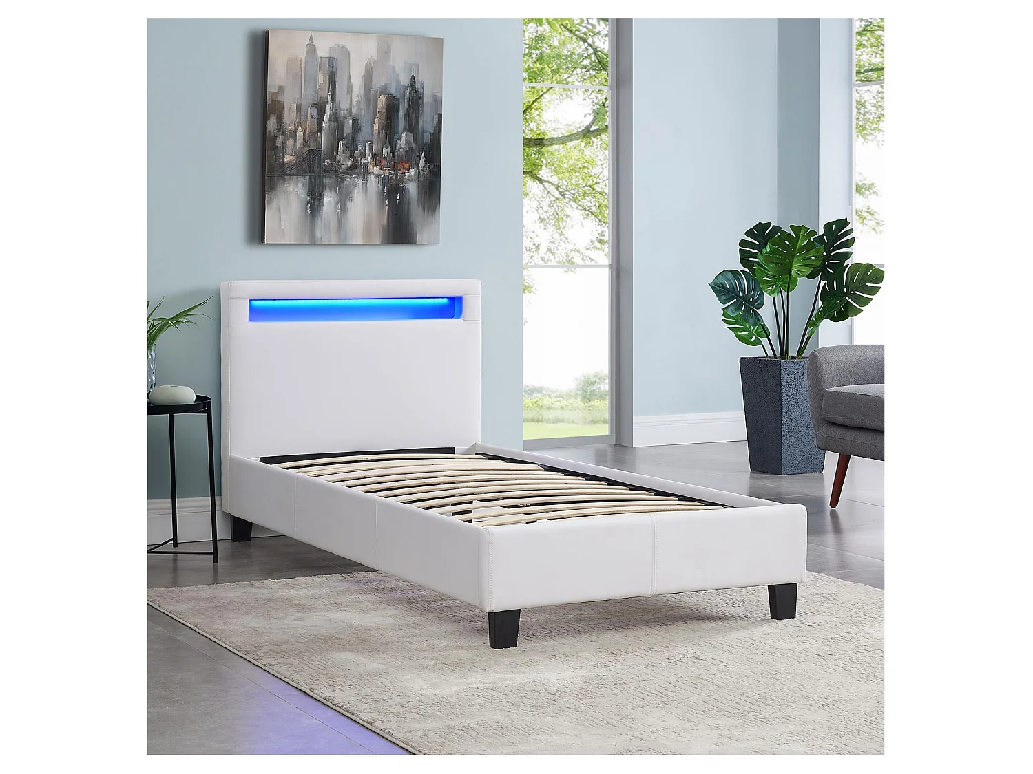 Lit LED simple 90x190 cm avec sommier, tête de lit confortable, lit 1 place revêtement synthétique blanc, LUCENO
