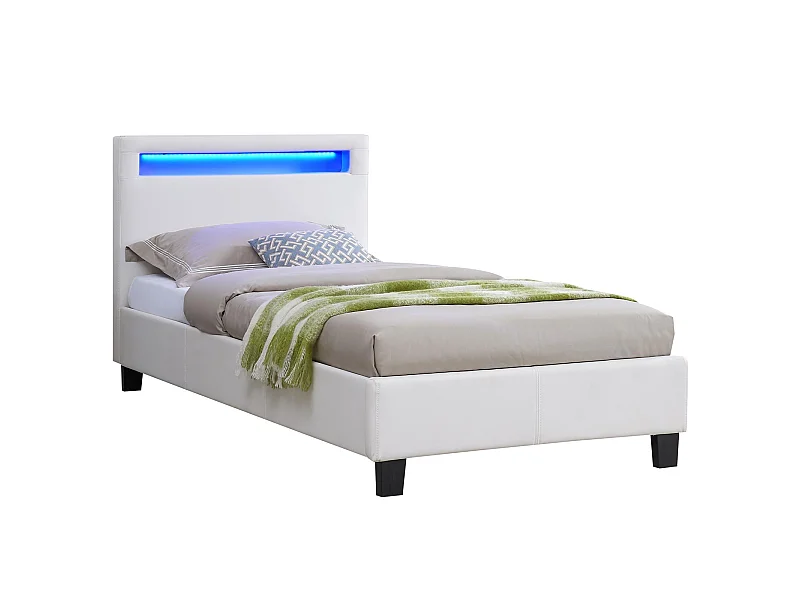 Lit LED simple 90x190 cm avec sommier, tête de lit confortable, lit 1 place revêtement synthétique blanc, LUCENO