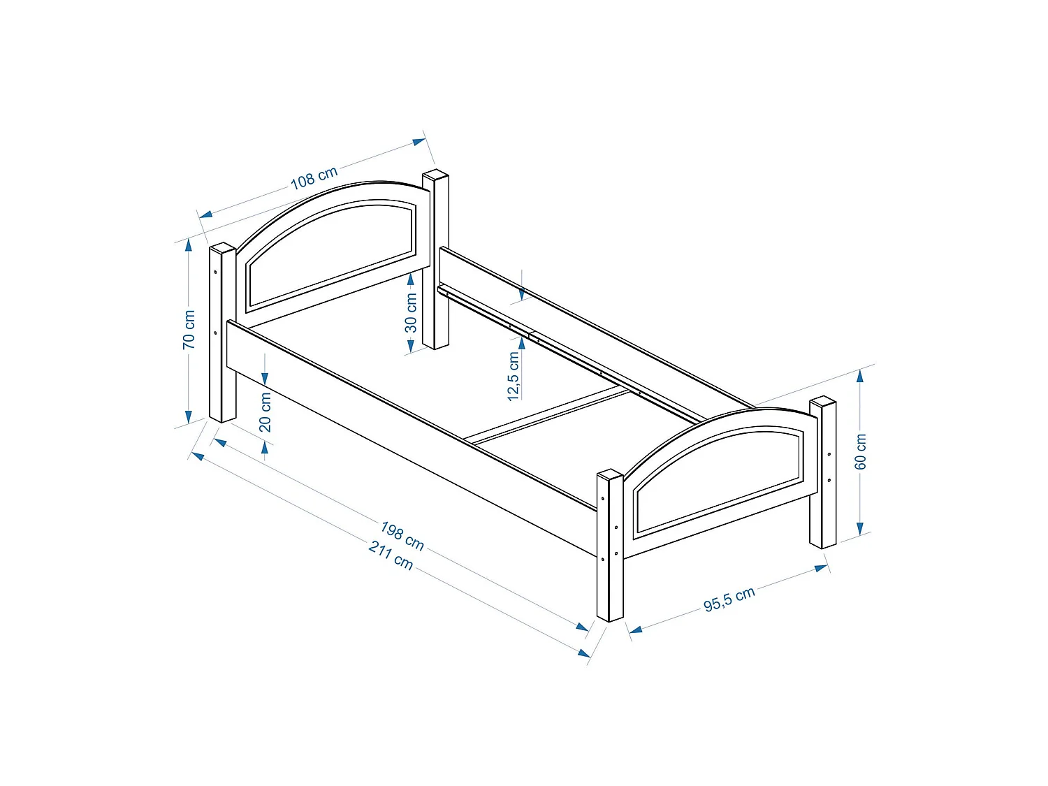Lit simple FLIMS 100 x 200 cm lit pour enfant en pin massif vernis naturel, avec tête et pied de lit arrondi