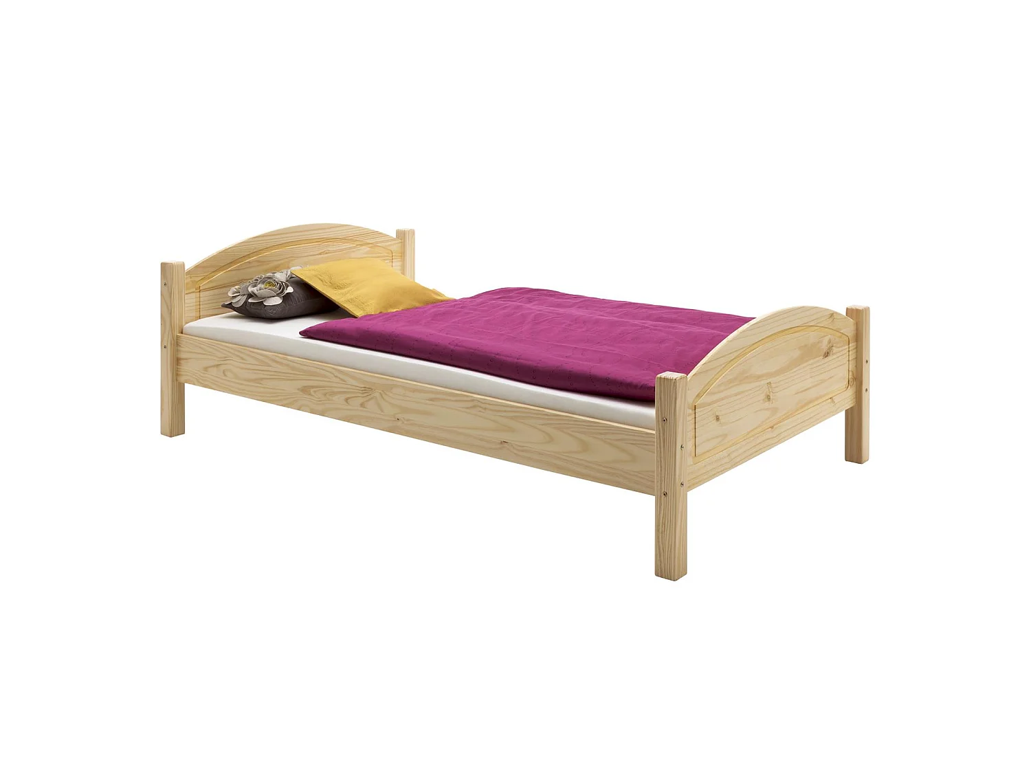 Lit simple FLIMS 100 x 200 cm lit pour enfant en pin massif vernis naturel, avec tête et pied de lit arrondi