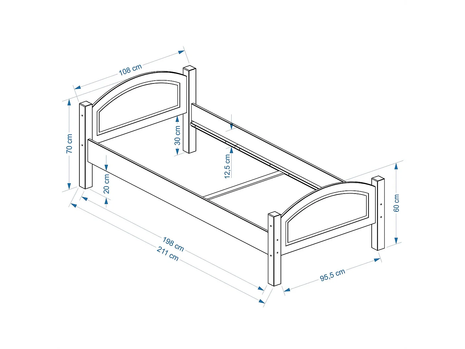 Lit simple FLIMS 100 x 200 cm lit pour enfant en pin massif vernis naturel, avec tête et pied de lit arrondi