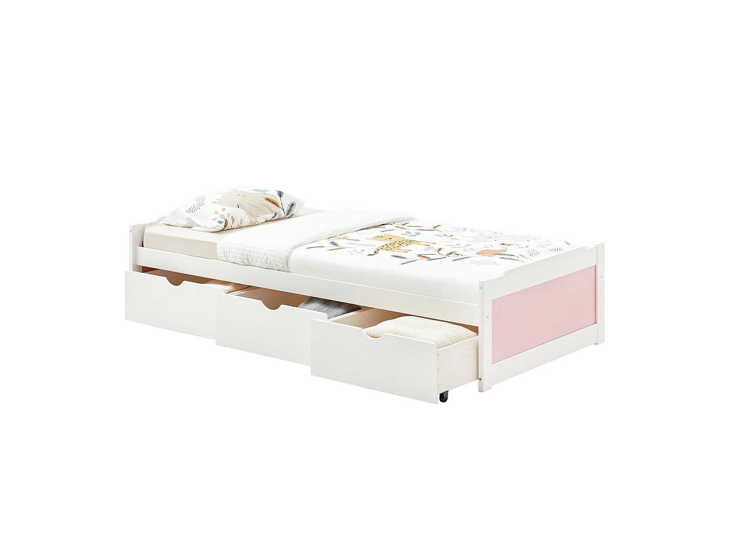 Lit fonctionnel MIA avec rangements 3 tiroirs 90 x 200 cm, lit simple 1 place, lit enfant en pin massif lasuré blanc et rose