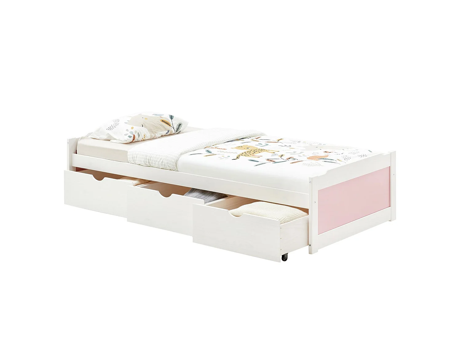 Lit fonctionnel MIA avec rangements 3 tiroirs 90 x 200 cm, lit simple 1 place, lit enfant en pin massif lasuré blanc et rose