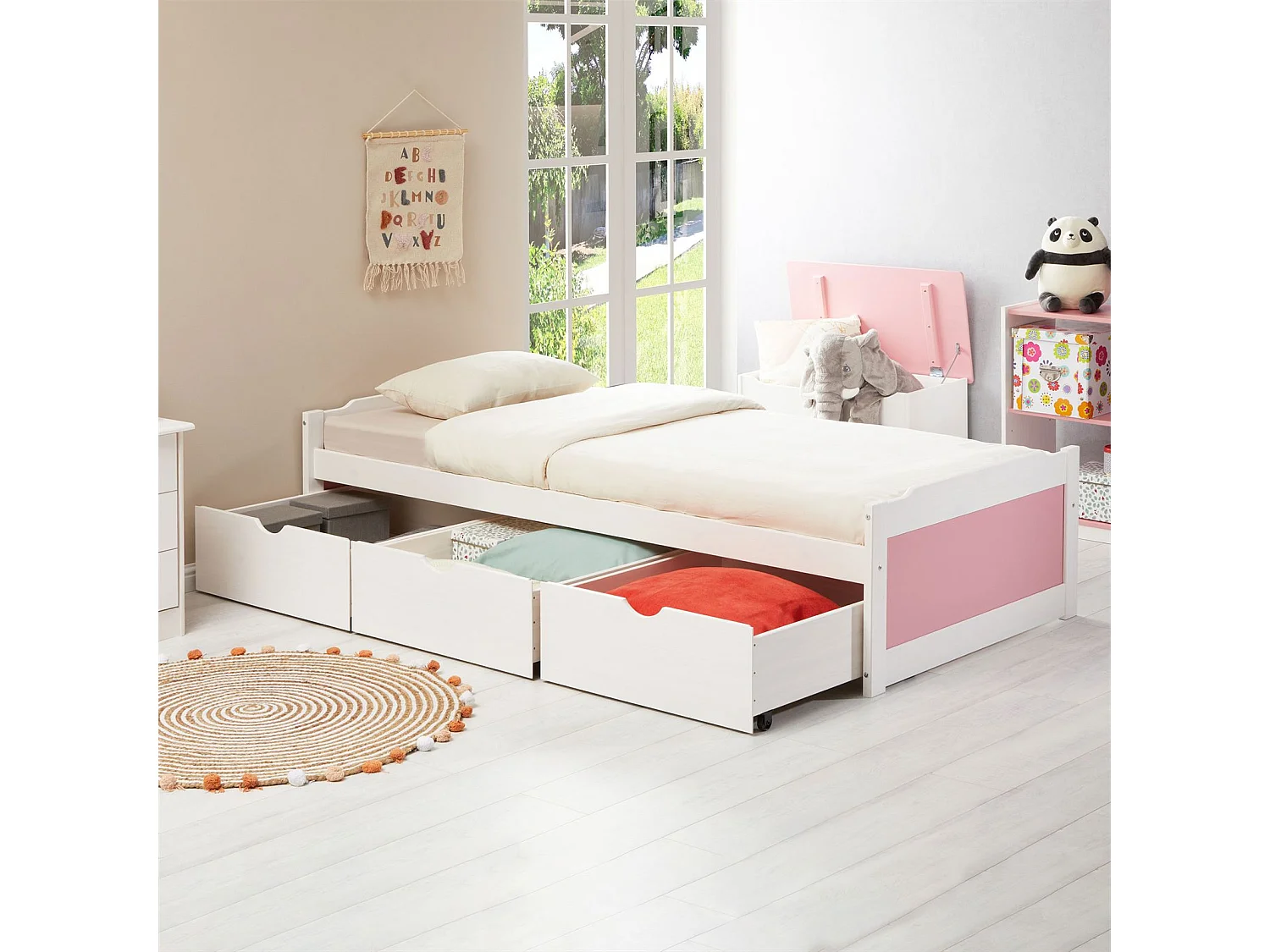 Lit fonctionnel MIA avec rangements 3 tiroirs 90 x 200 cm, lit simple 1 place, lit enfant en pin massif lasuré blanc et rose