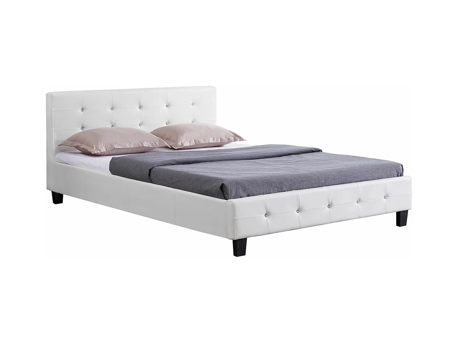 Lit double pour adulte JOSY avec sommier 140x190 cm 2 places, tête et pied de lit capitonnés avec strass, en synthétique blanc