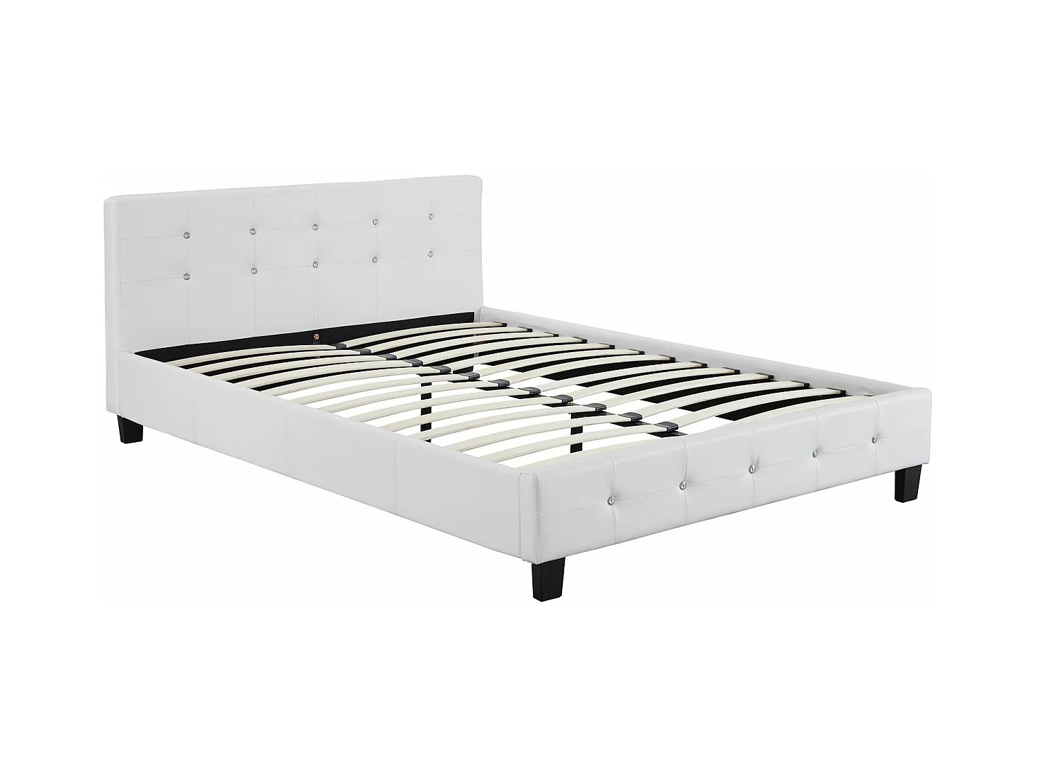Lit double pour adulte JOSY avec sommier 140x190 cm 2 places, tête et pied de lit capitonnés avec strass, en synthétique blanc
