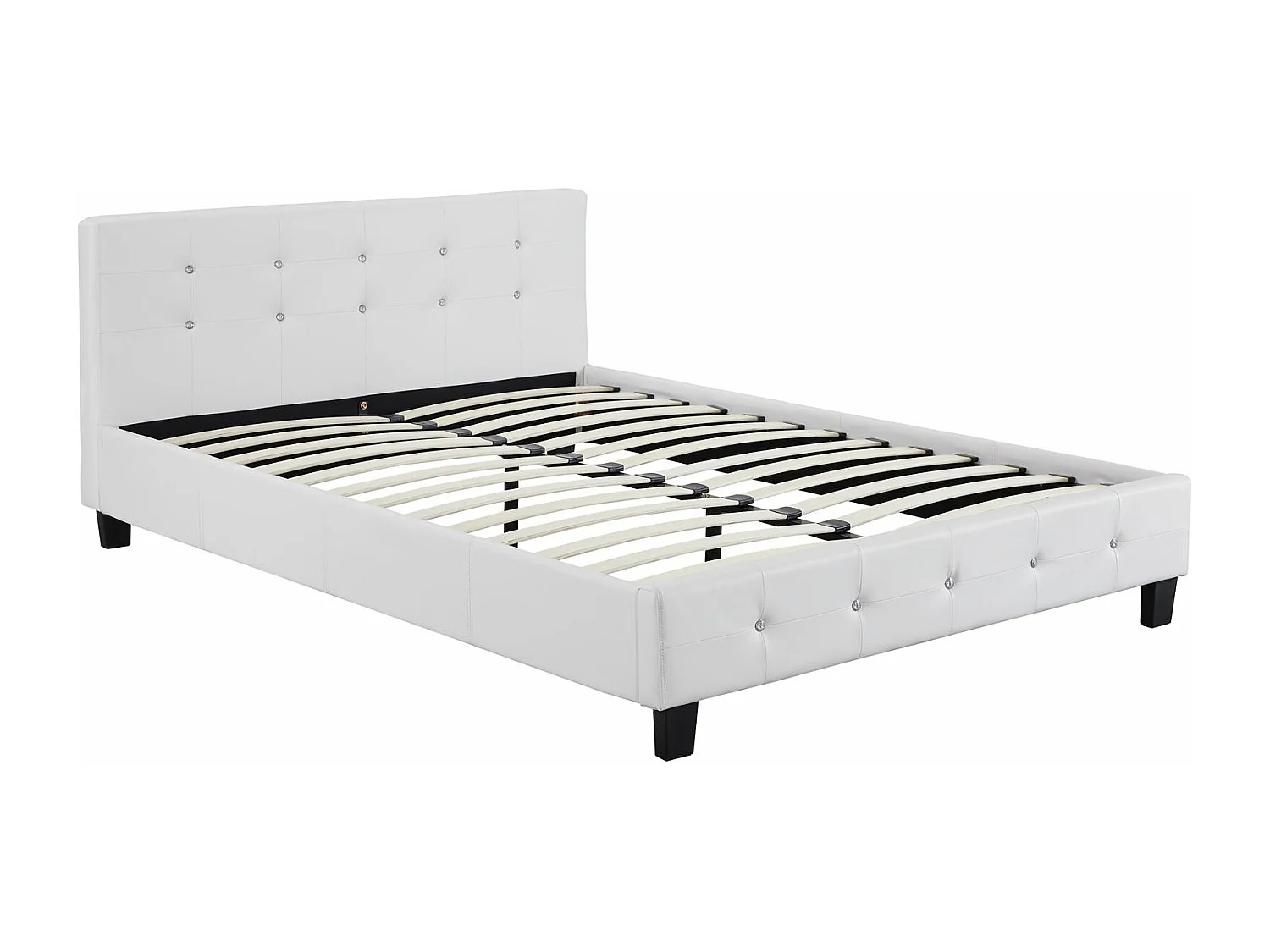 Lit double pour adulte JOSY avec sommier 140x190 cm 2 places, tête et pied de lit capitonnés avec strass, en synthétique blanc