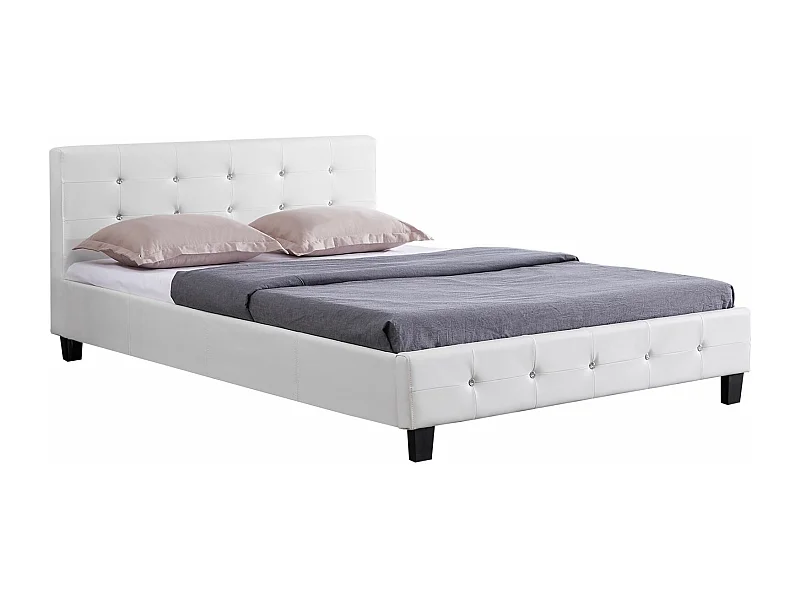 Lit double pour adulte JOSY avec sommier 140x190 cm 2 places, tête et pied de lit capitonnés avec strass, en synthétique blanc