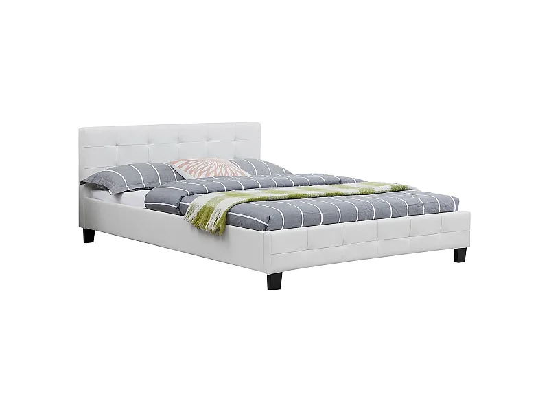 Lit double pour adulte MATHIEU avec sommier 140x190 cm 2 places / 2 personnes, tête et pied de lit capitonnés en synthétique blanc