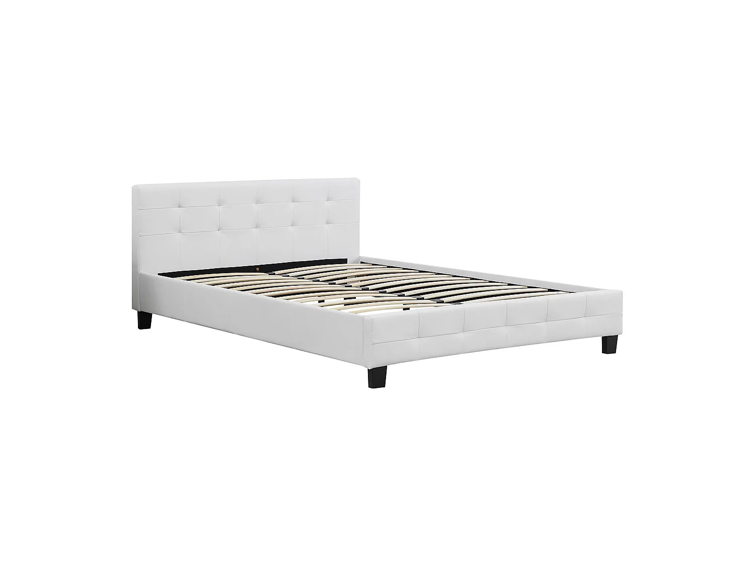 Lit double pour adulte MATHIEU avec sommier 140x190 cm 2 places / 2 personnes, tête et pied de lit capitonnés en synthétique blanc