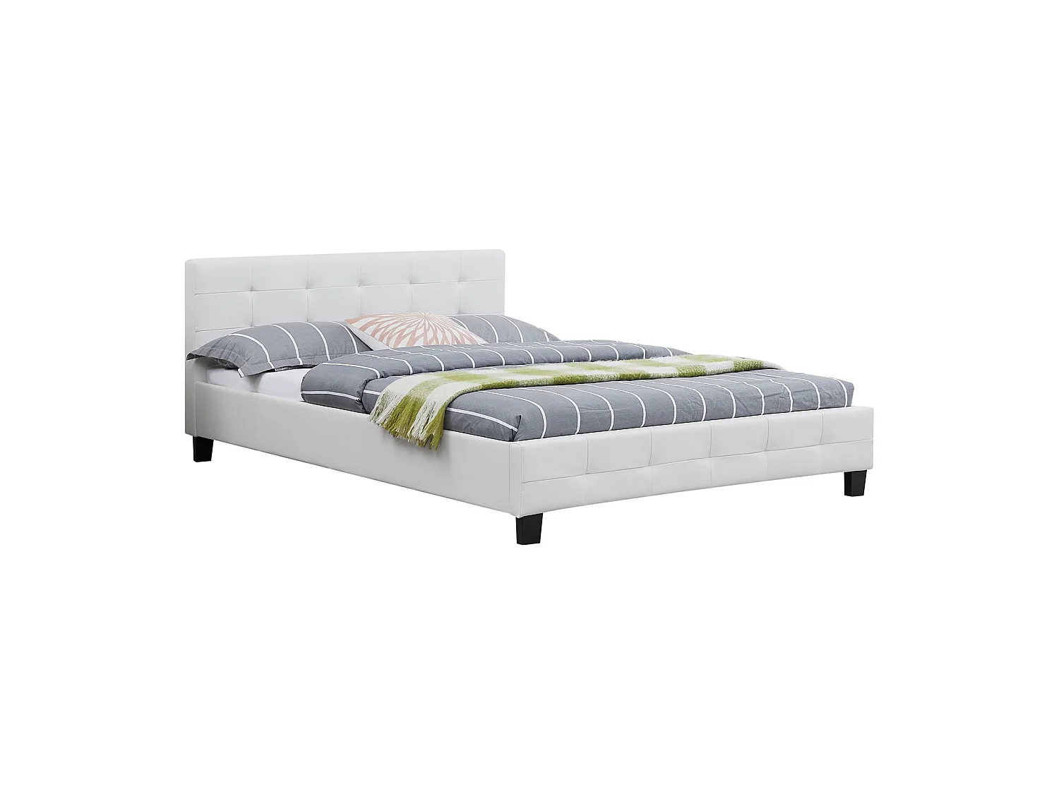 Lit double pour adulte MATHIEU avec sommier 140x190 cm 2 places / 2 personnes, tête et pied de lit capitonnés en synthétique blanc