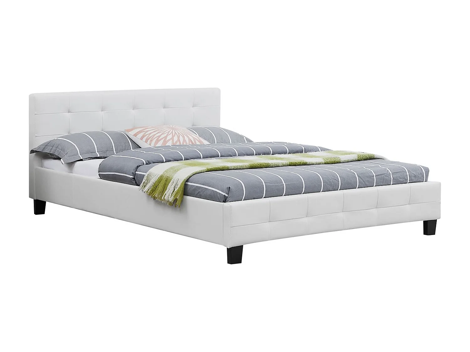 Lit double pour adulte MATHIEU avec sommier 140x190 cm 2 places / 2 personnes, tête et pied de lit capitonnés en synthétique blanc