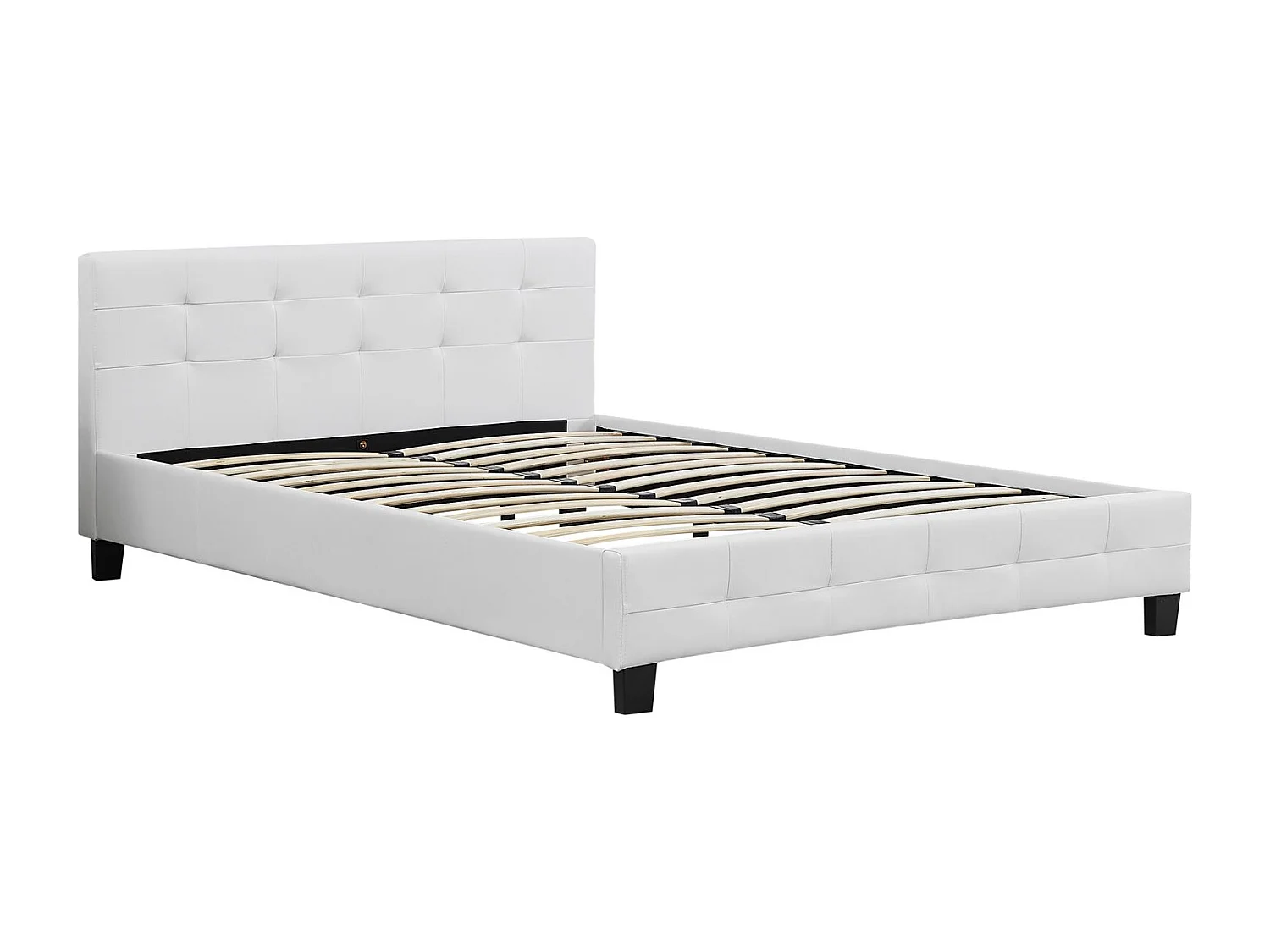 Lit double pour adulte MATHIEU avec sommier 140x190 cm 2 places / 2 personnes, tête et pied de lit capitonnés en synthétique blanc