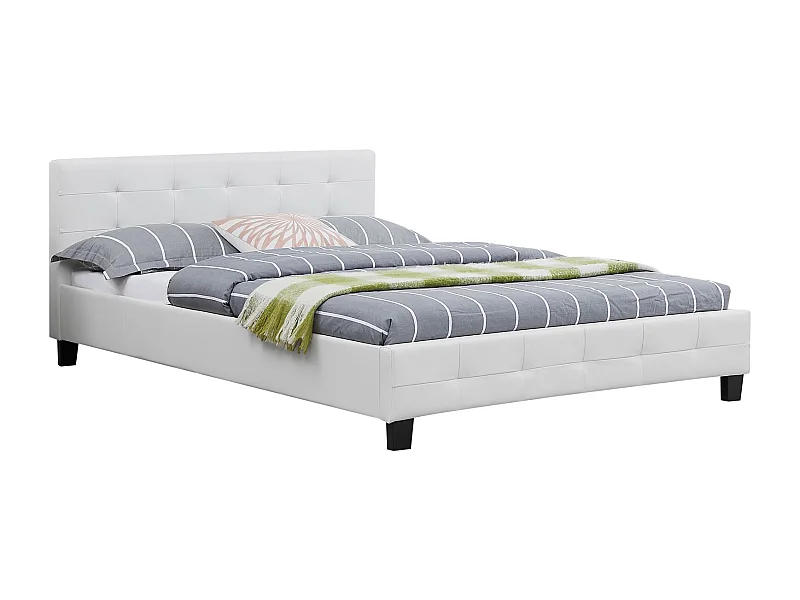 Lit double pour adulte MATHIEU avec sommier 140x190 cm 2 places / 2 personnes, tête et pied de lit capitonnés en synthétique blanc