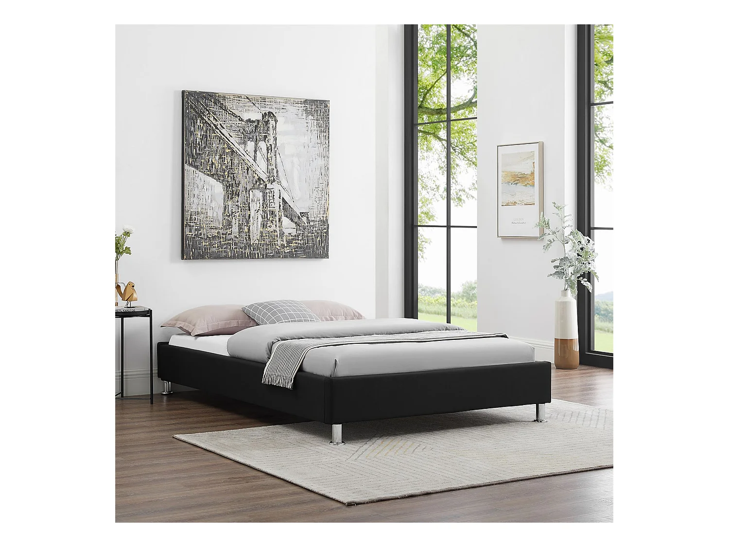 Lit futon simple pour adulte NIZZA 120x190 cm 1 place et demi / 1 personne, avec sommier et pieds en métal chromé, tissu noir