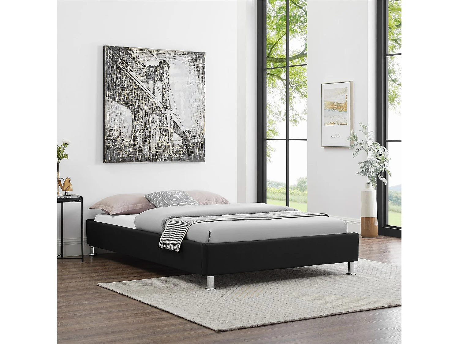 Lit futon simple pour adulte NIZZA 120x190 cm 1 place et demi / 1 personne, avec sommier et pieds en métal chromé, tissu noir