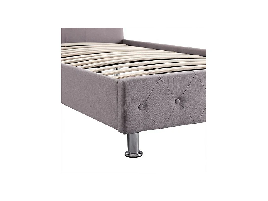 Lit simple pour adulte ou enfant BIARRITZ 90x190 cm 1 place / 1 personne avec sommier et pieds en métal chromé, tissu capitonné gris