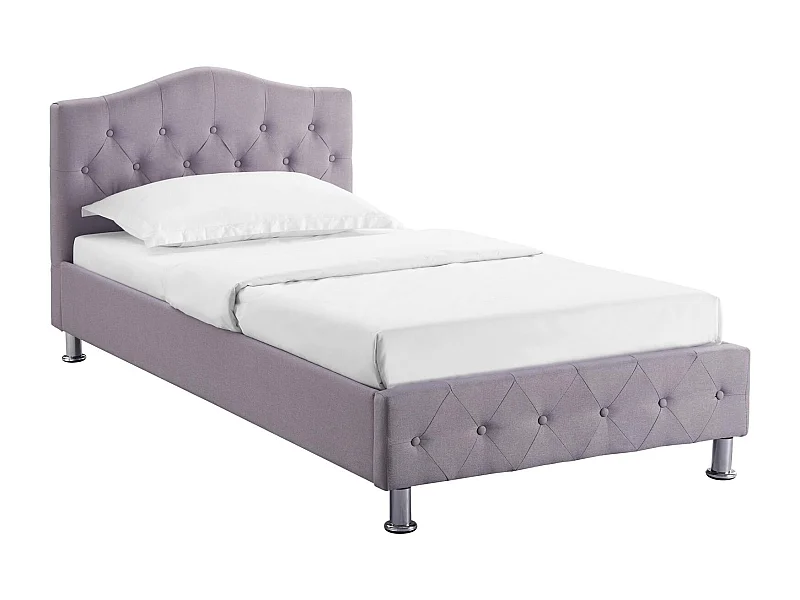 Lit simple pour adulte ou enfant BIARRITZ 90x190 cm 1 place / 1 personne avec sommier et pieds en métal chromé, tissu capitonné gris