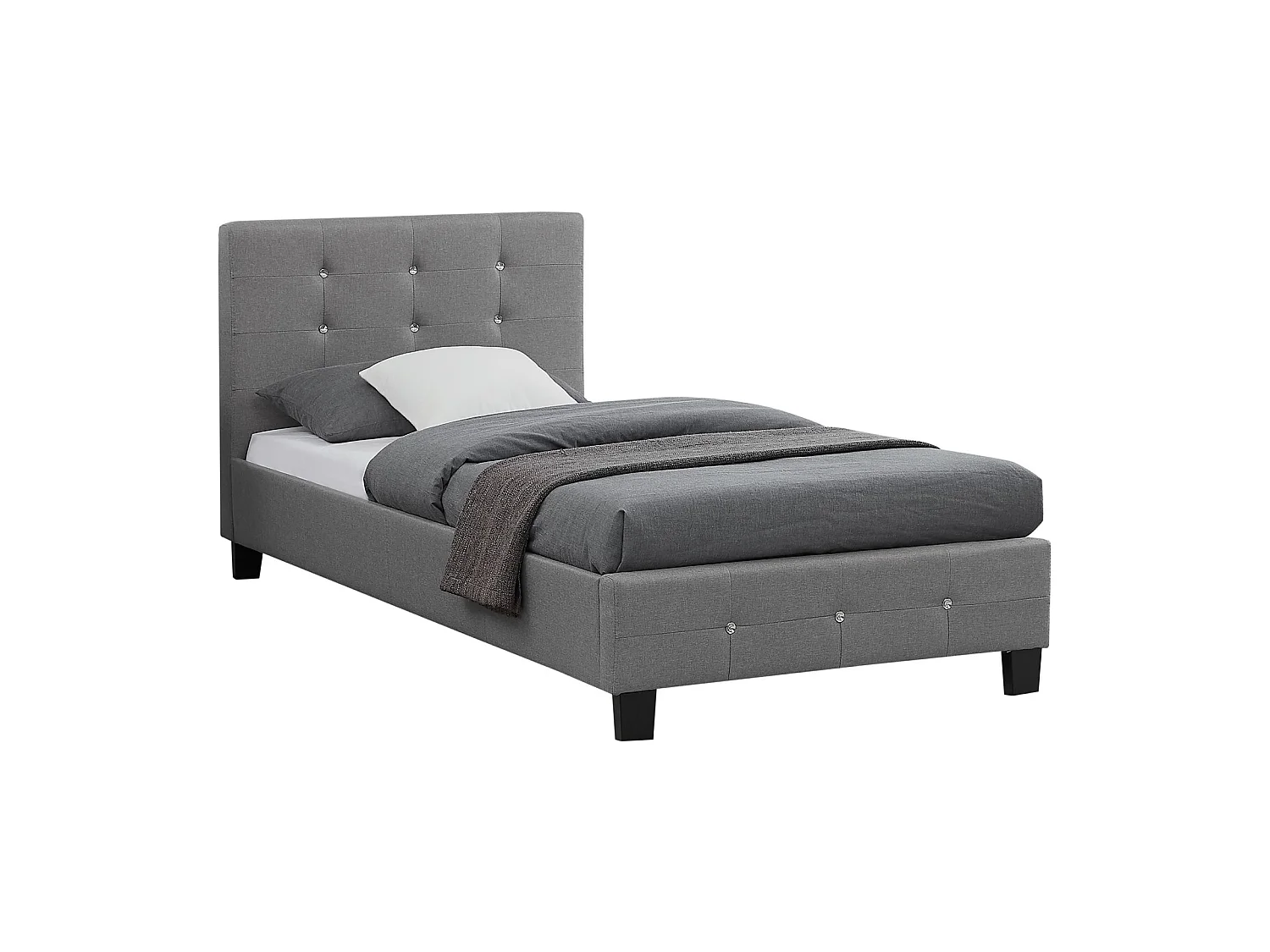 Lit simple pour adulte ou enfant TICO avec sommier 90x190 cm 1 place, tête et pied de lit capitonnés avec strass, en tissu gris