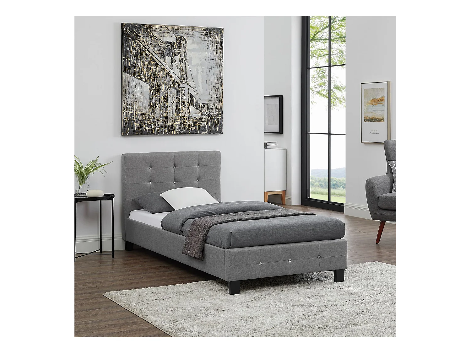 Lit simple pour adulte ou enfant TICO avec sommier 90x190 cm 1 place, tête et pied de lit capitonnés avec strass, en tissu gris