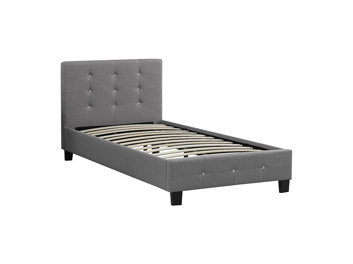 Lit simple pour adulte ou enfant TICO avec sommier 90x190 cm 1 place, tête et pied de lit capitonnés avec strass, en tissu gris
