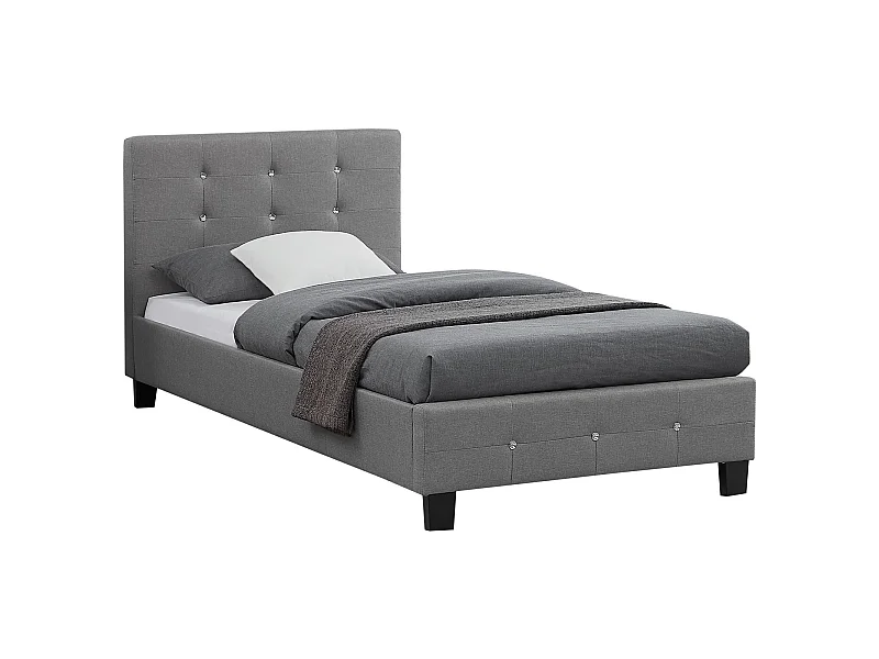 Lit simple pour adulte ou enfant TICO avec sommier 90x190 cm 1 place, tête et pied de lit capitonnés avec strass, en tissu gris