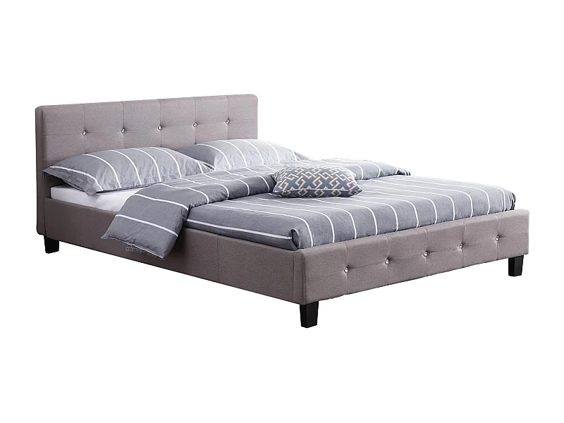 Lit double pour adulte JOSY avec sommier 140x190 cm 2 places / 2 personnes, tête et pied de lit capitonnés avec strass en tissu gris