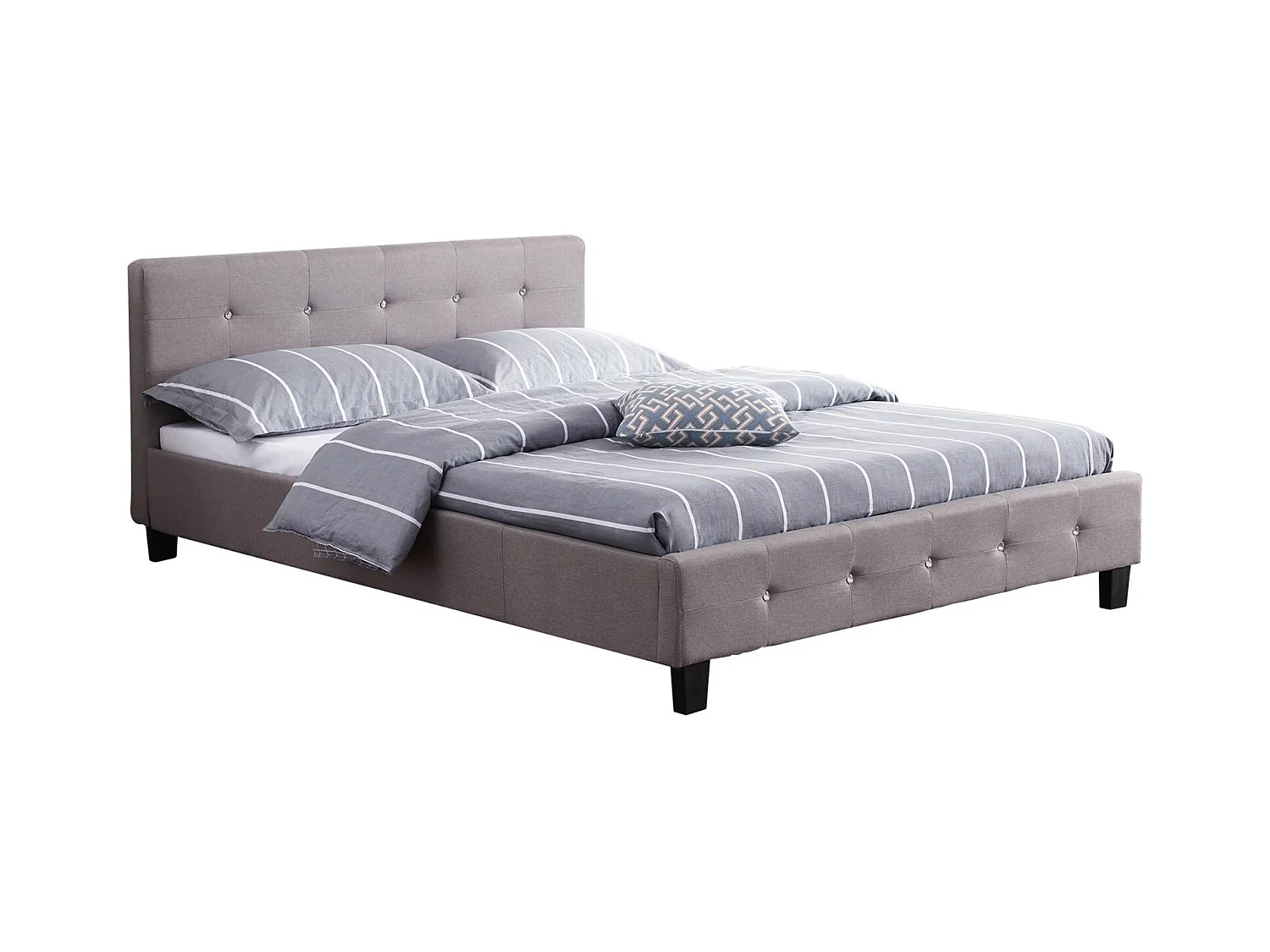 Lit double pour adulte JOSY avec sommier 140x190 cm 2 places / 2 personnes, tête et pied de lit capitonnés avec strass en tissu gris
