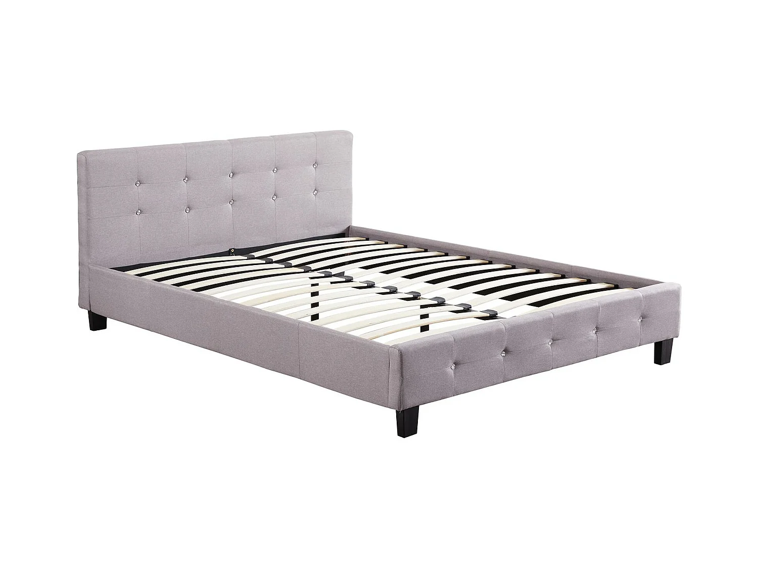 Lit double pour adulte JOSY avec sommier 140x190 cm 2 places / 2 personnes, tête et pied de lit capitonnés avec strass en tissu gris
