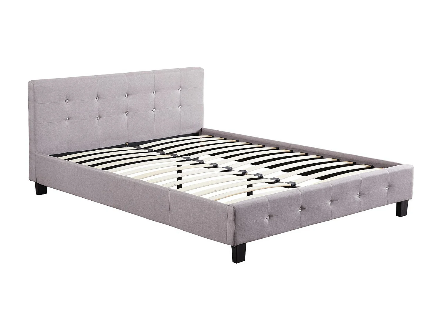 Lit double pour adulte JOSY avec sommier 140x190 cm 2 places / 2 personnes, tête et pied de lit capitonnés avec strass en tissu gris