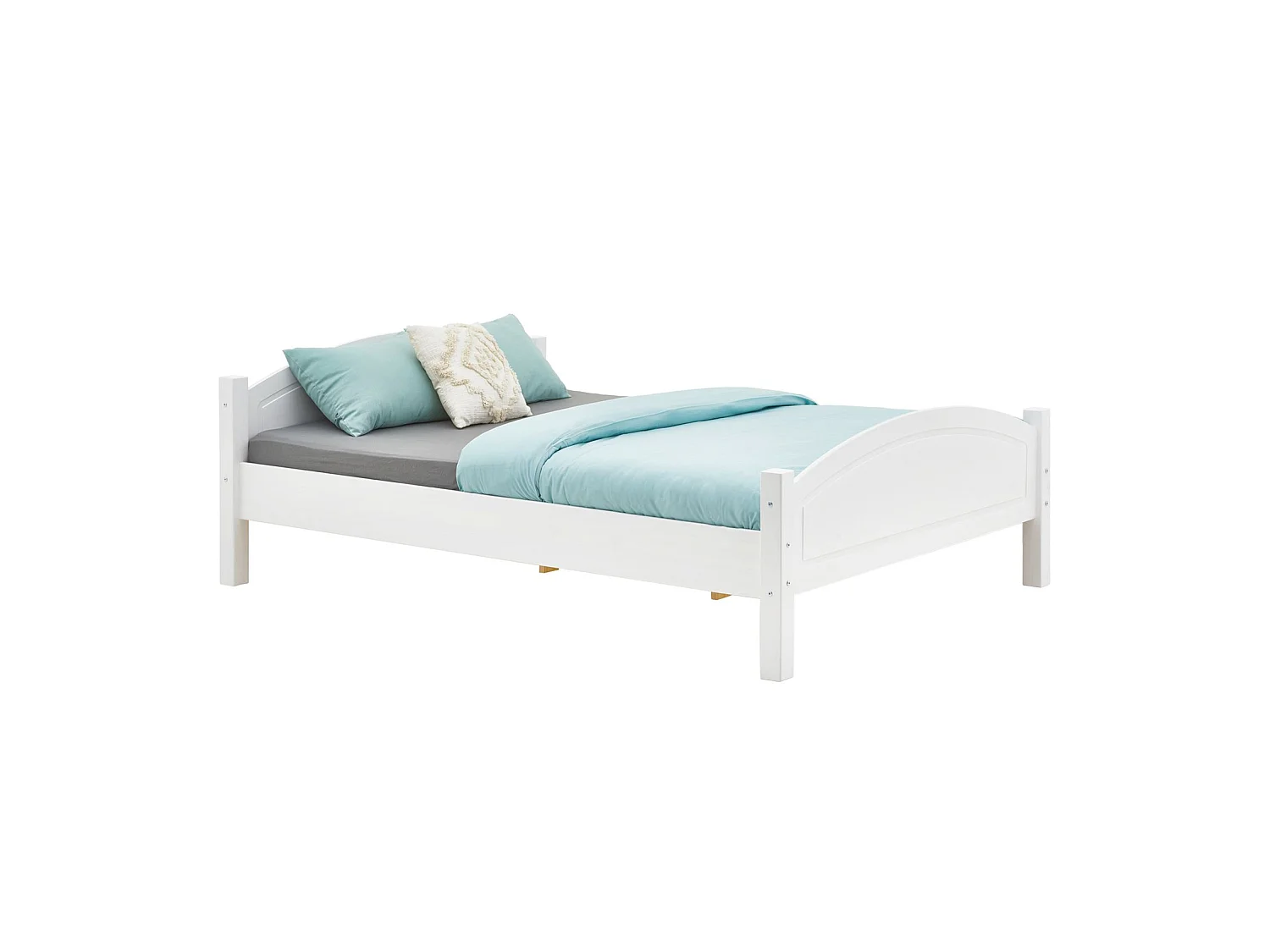Lit double FLIMS 140 x 190 cm pour adulte et enfant, avec tête et pieds de lit arrondi, en pin massif lasuré blanc