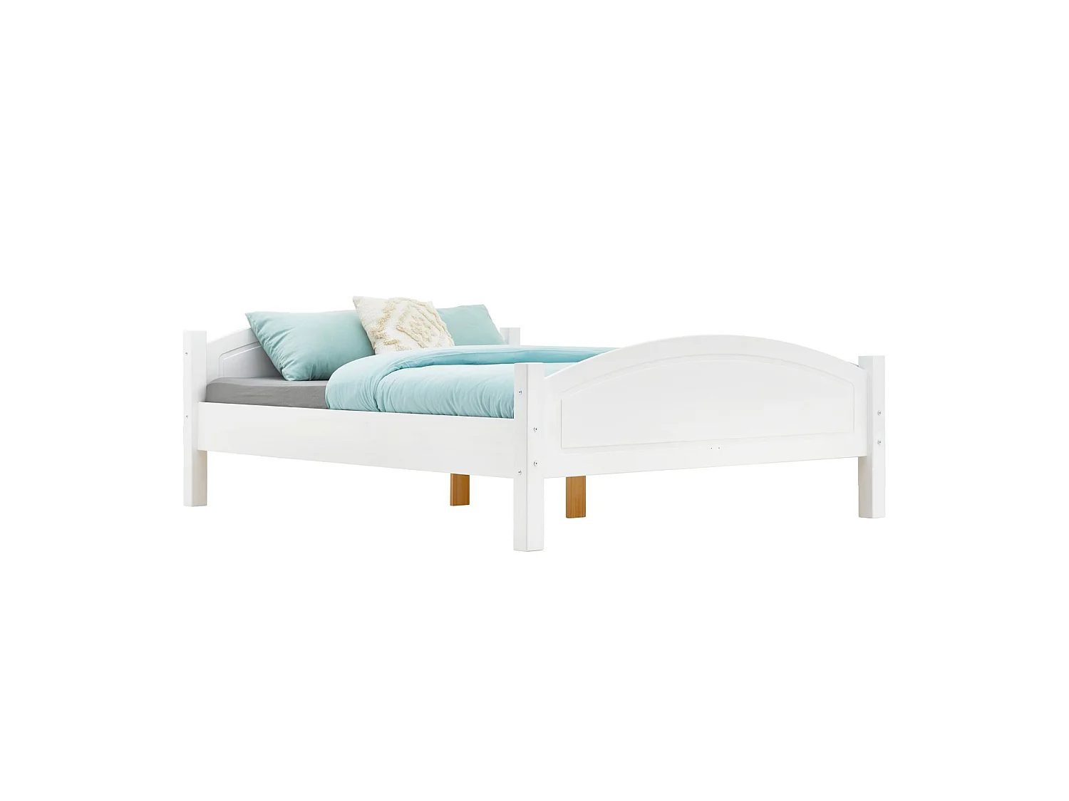 Lit double FLIMS 140 x 190 cm pour adulte et enfant, avec tête et pieds de lit arrondi, en pin massif lasuré blanc