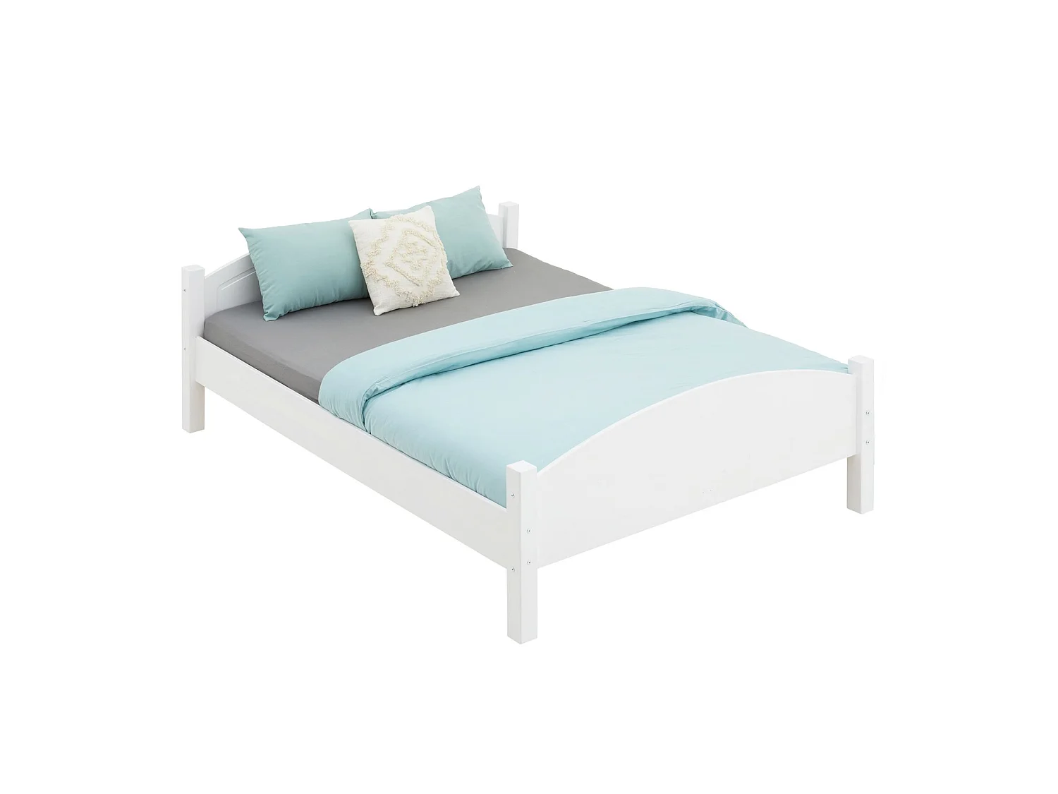 Lit double FLIMS 140 x 190 cm pour adulte et enfant, avec tête et pieds de lit arrondi, en pin massif lasuré blanc