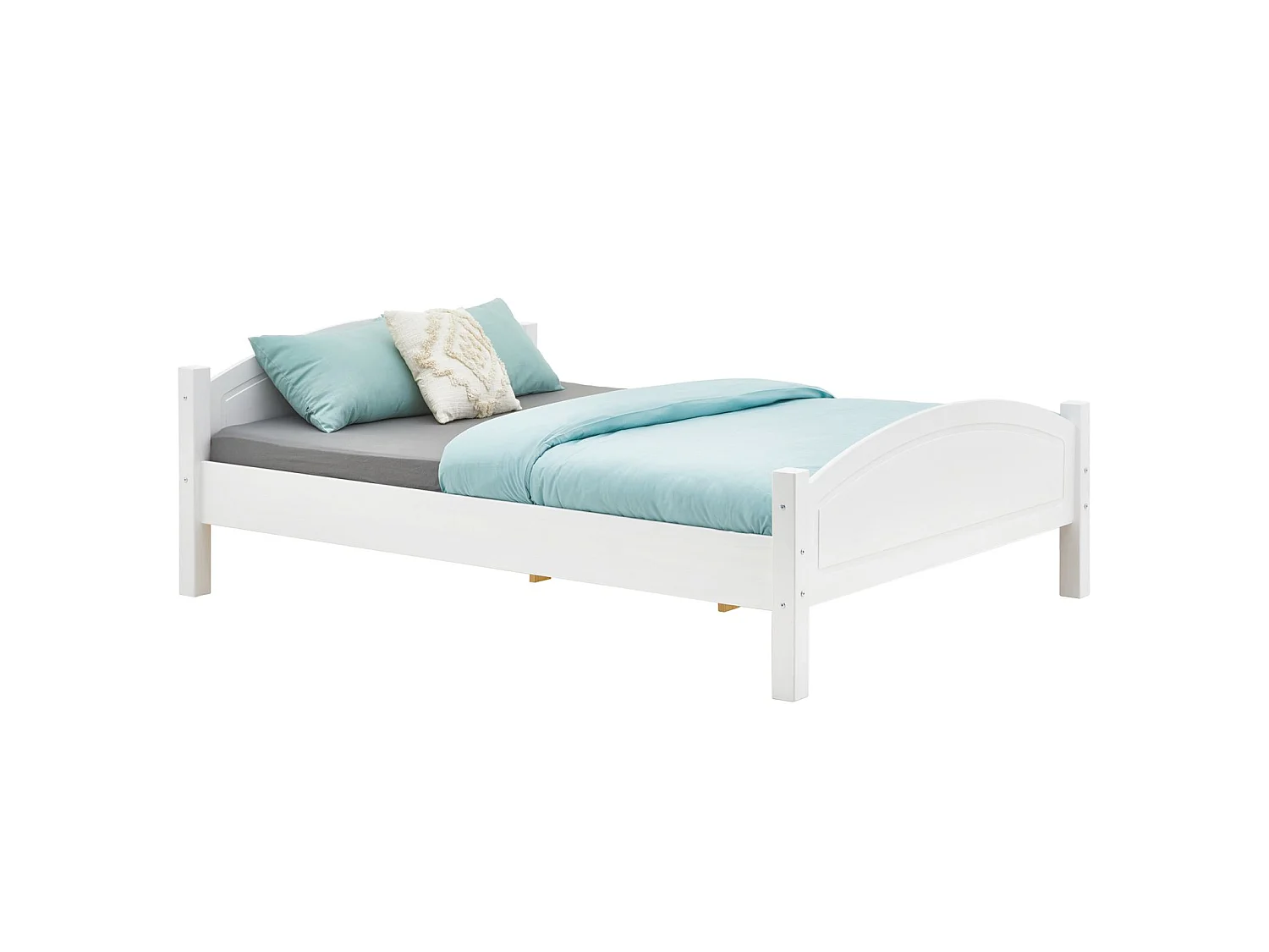 Lit double FLIMS 140 x 190 cm pour adulte et enfant, avec tête et pieds de lit arrondi, en pin massif lasuré blanc