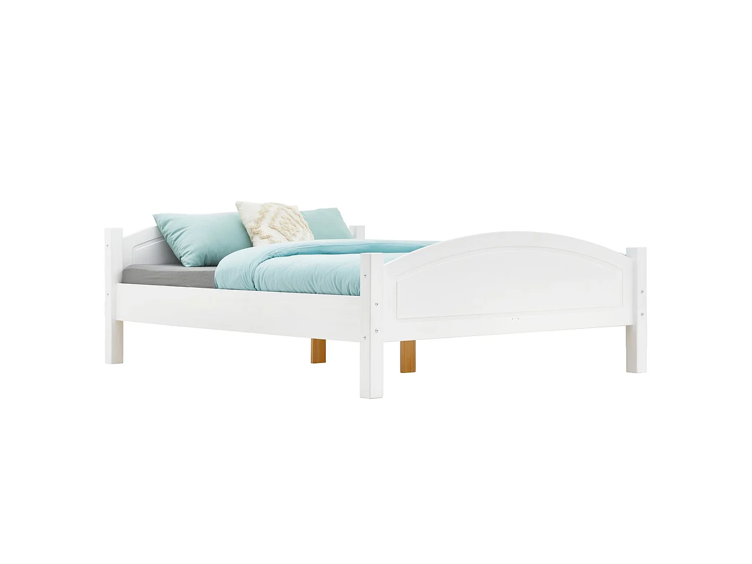 Lit double FLIMS 140 x 190 cm pour adulte et enfant, avec tête et pieds de lit arrondi, en pin massif lasuré blanc