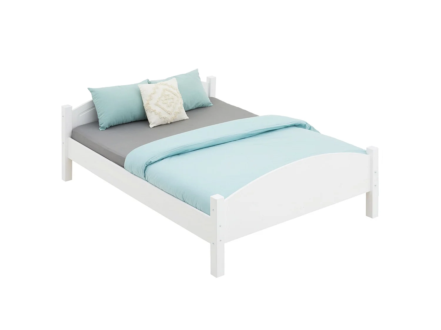 Lit double FLIMS 140 x 190 cm pour adulte et enfant, avec tête et pieds de lit arrondi, en pin massif lasuré blanc