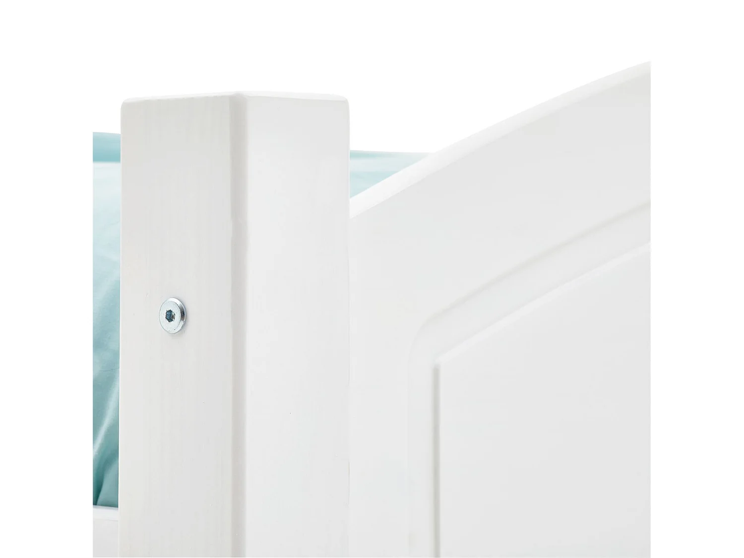 Lit double FLIMS 140 x 190 cm pour adulte et enfant, avec tête et pieds de lit arrondi, en pin massif lasuré blanc