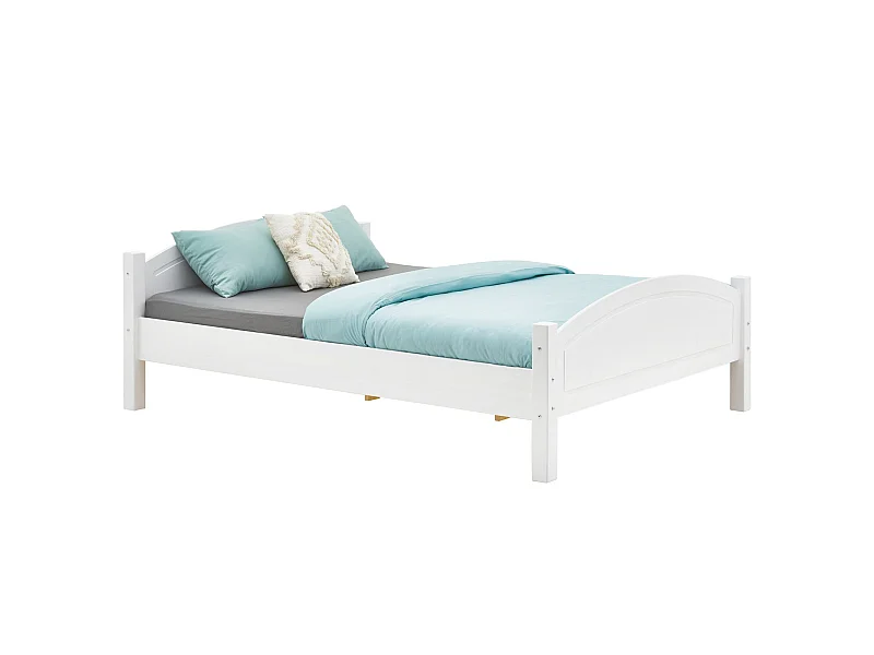 Lit double FLIMS 140 x 190 cm pour adulte et enfant, avec tête et pieds de lit arrondi, en pin massif lasuré blanc