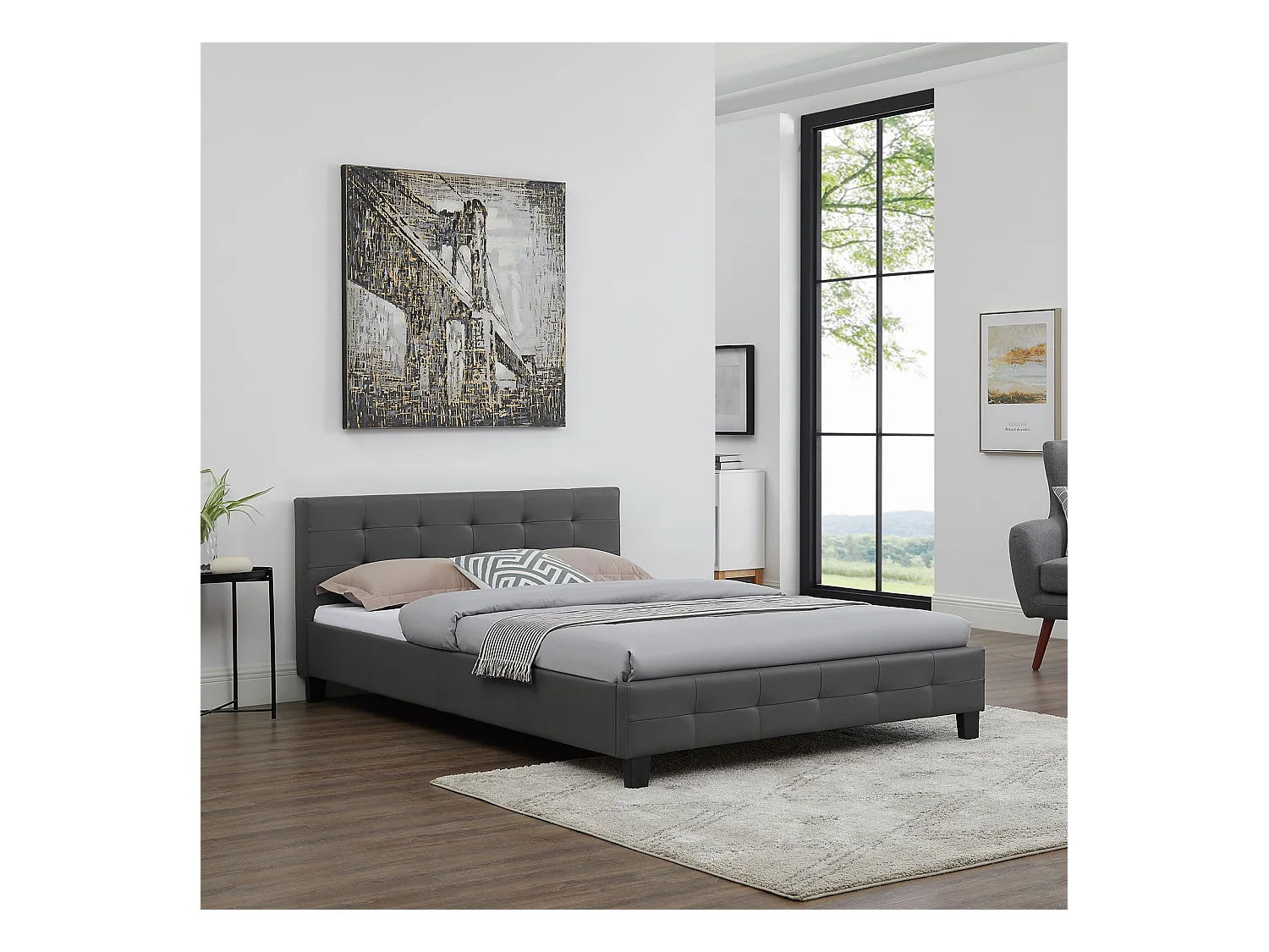 Lit double pour adulte MATHIEU avec sommier 140x190 cm 2 places / 2 personnes, tête et pied de lit capitonnés en synthétique gris