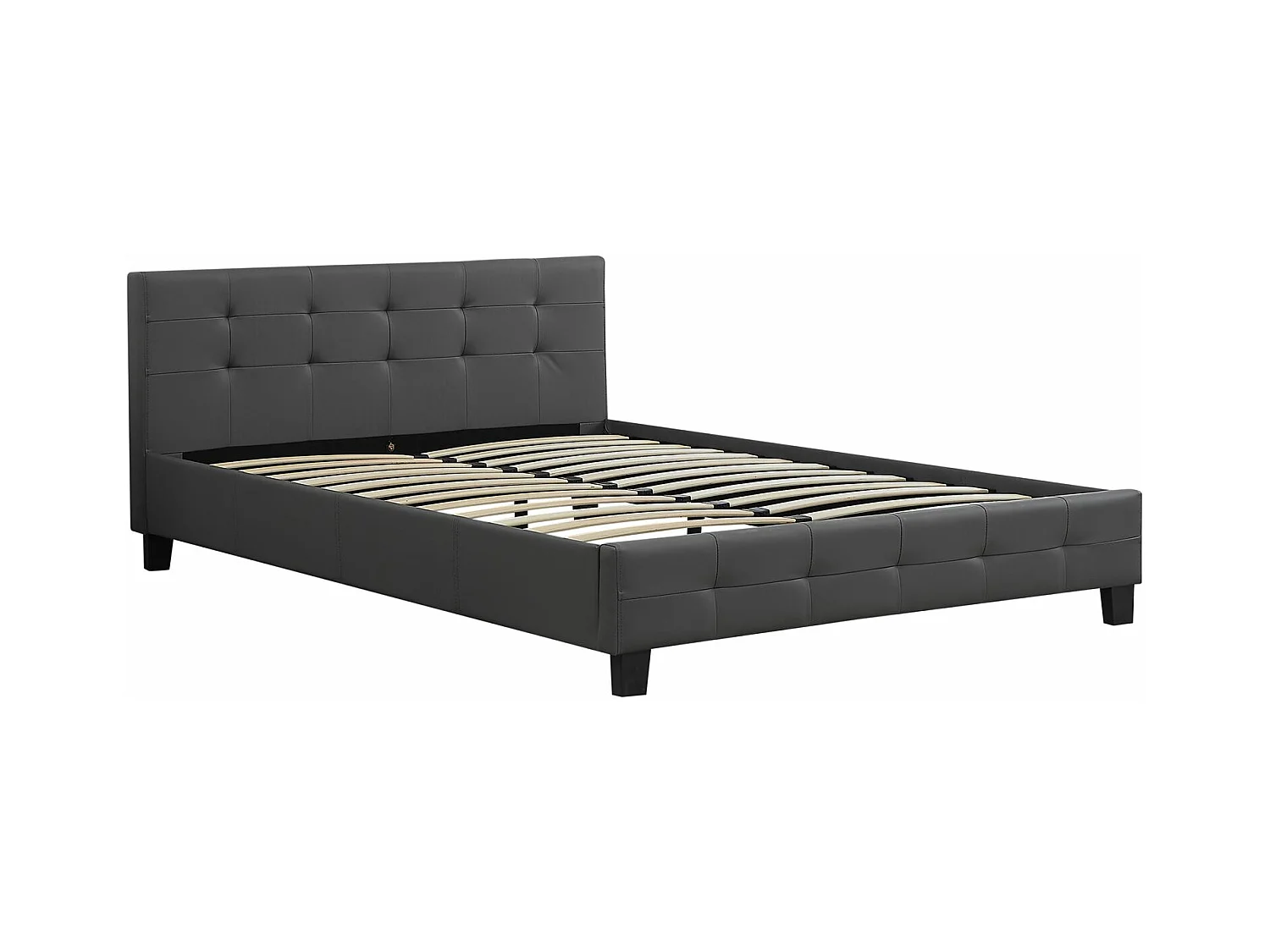 Lit double pour adulte MATHIEU avec sommier 140x190 cm 2 places / 2 personnes, tête et pied de lit capitonnés en synthétique gris