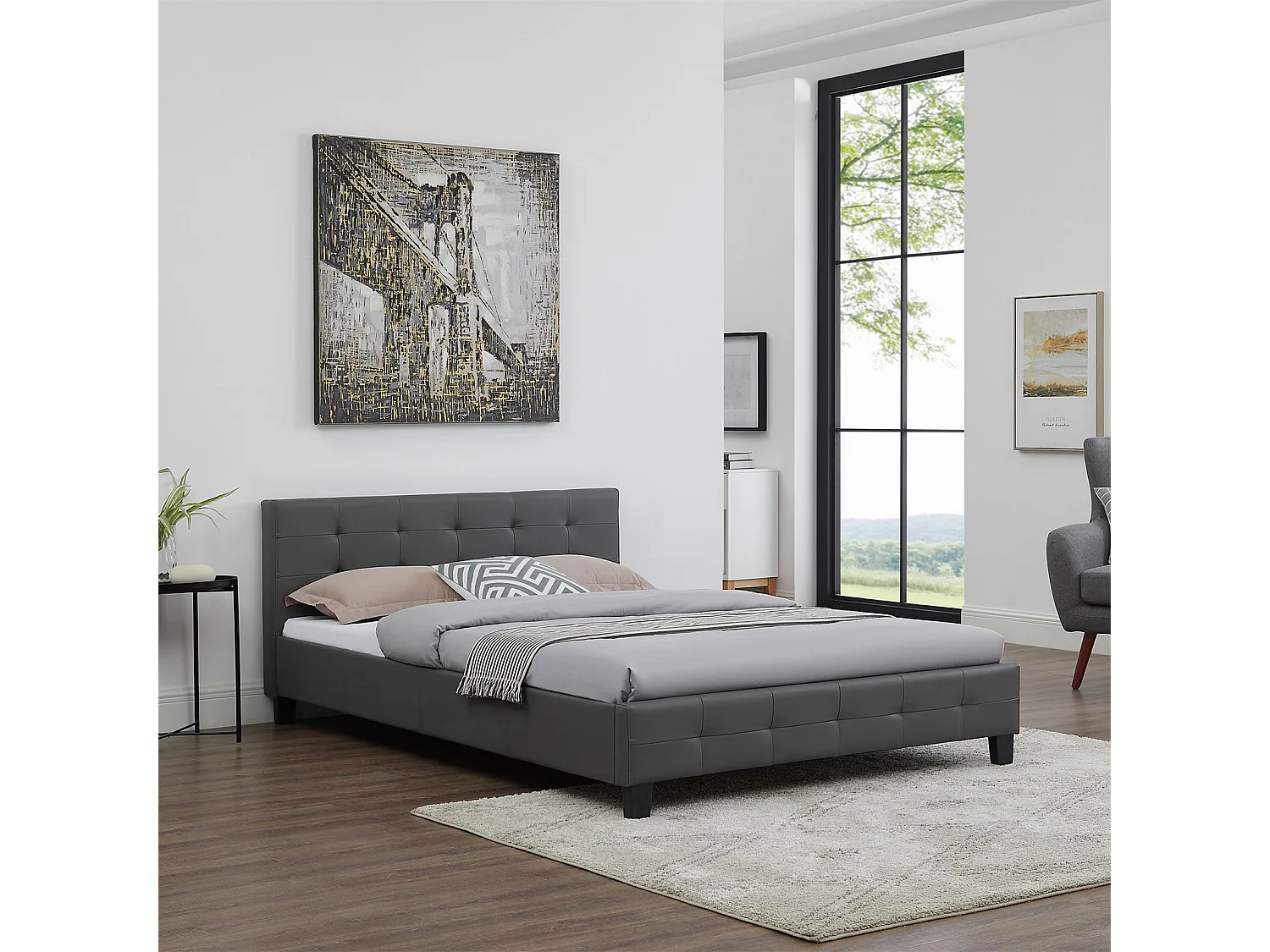 Lit double pour adulte MATHIEU avec sommier 140x190 cm 2 places / 2 personnes, tête et pied de lit capitonnés en synthétique gris