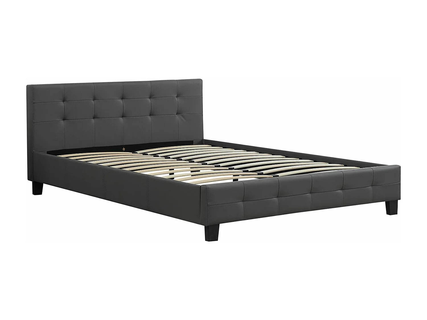 Lit double pour adulte MATHIEU avec sommier 140x190 cm 2 places / 2 personnes, tête et pied de lit capitonnés en synthétique gris