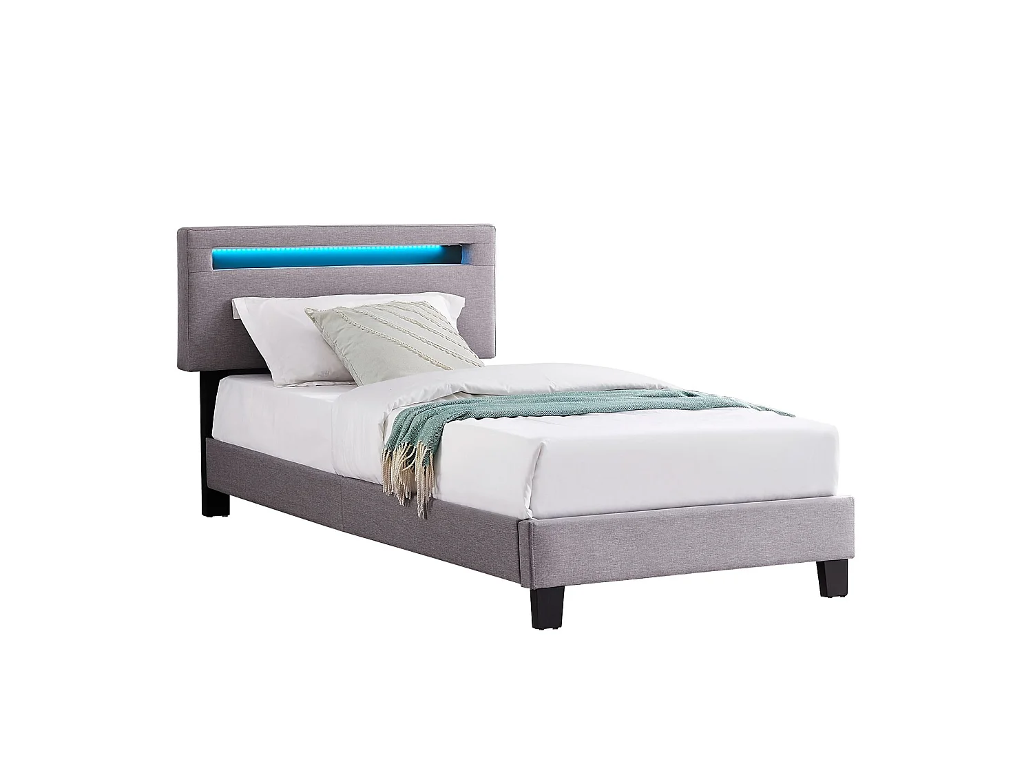 Lit LED simple 90x190 cm avec sommier, tête de lit réglable en hauteur, en tissu gris, AUSTIN