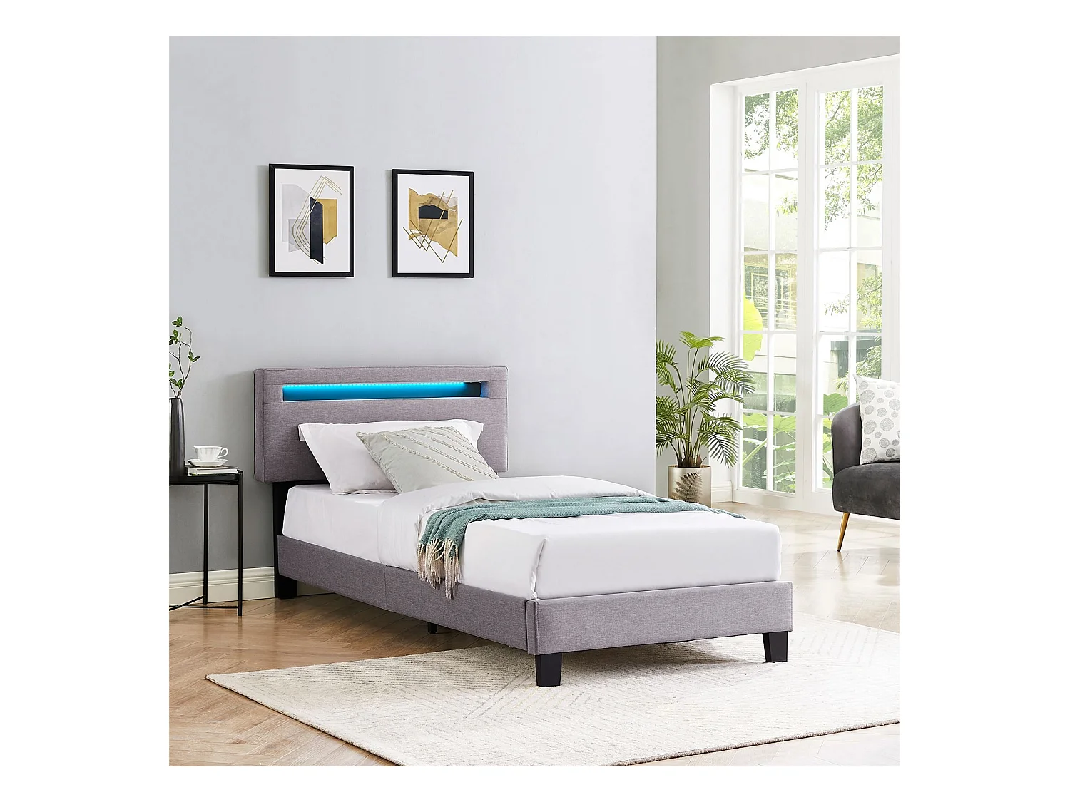 Lit LED simple 90x190 cm avec sommier, tête de lit réglable en hauteur, en tissu gris, AUSTIN