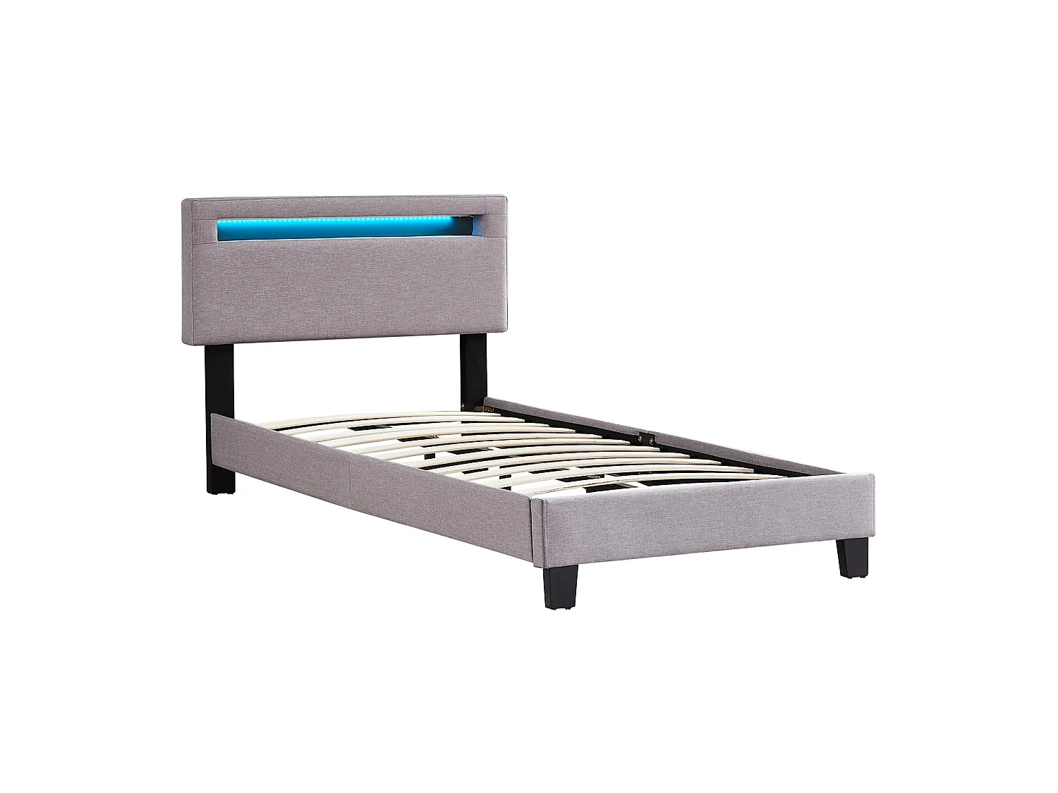 Lit LED simple 90x190 cm avec sommier, tête de lit réglable en hauteur, en tissu gris, AUSTIN