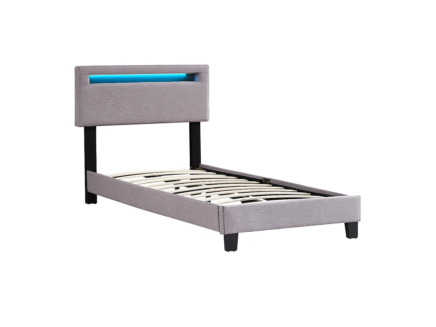 Lit LED simple 90x190 cm avec sommier, tête de lit réglable en hauteur, en tissu gris, AUSTIN