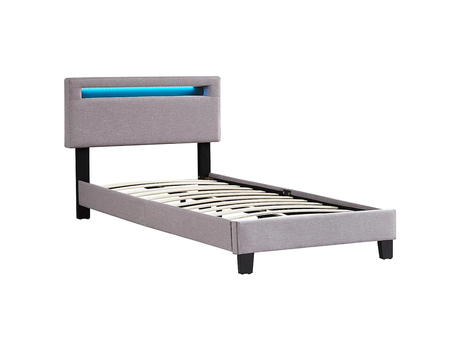 Lit LED simple 90x190 cm avec sommier, tête de lit réglable en hauteur, en tissu gris, AUSTIN