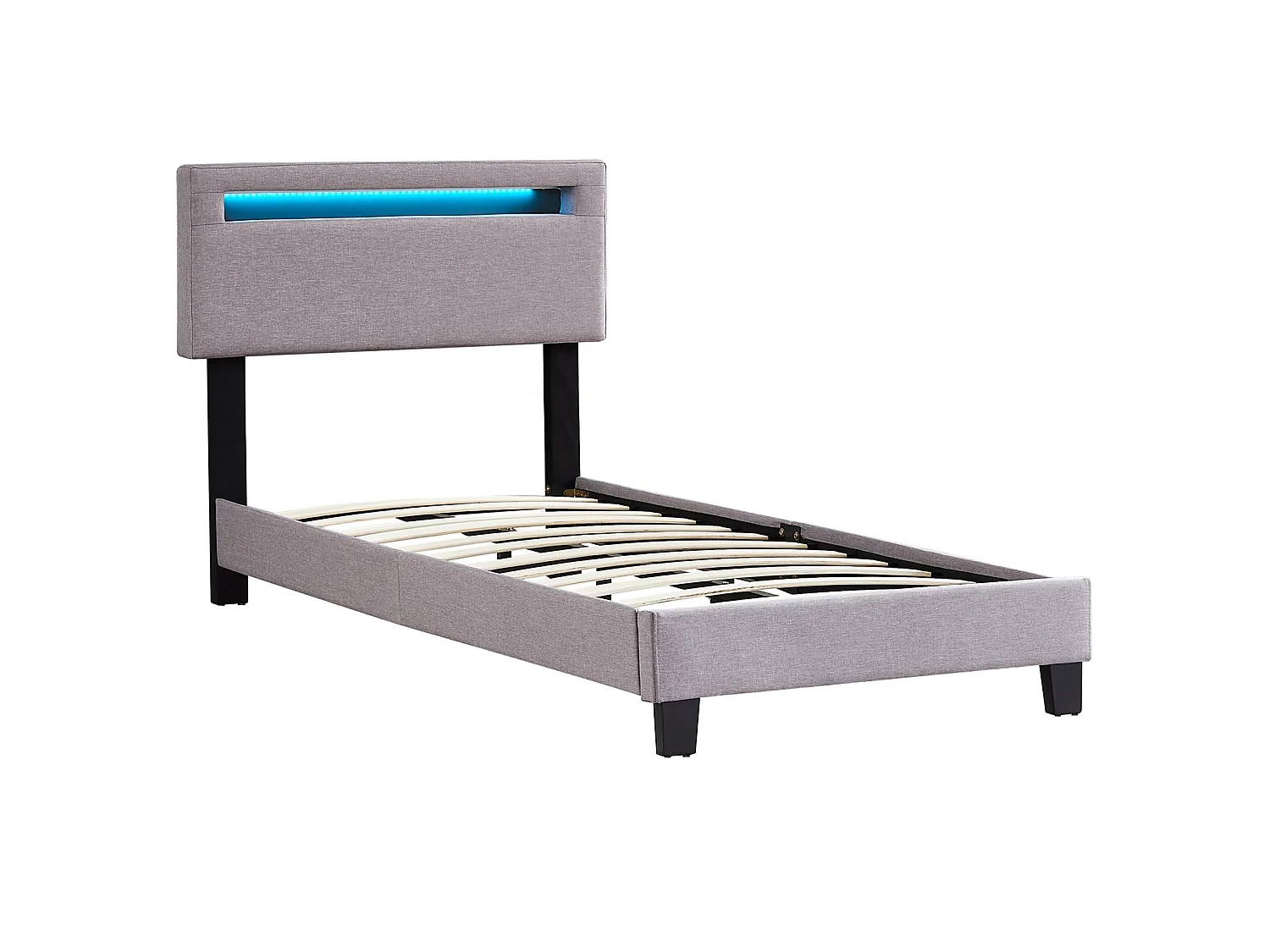 Lit LED simple 90x190 cm avec sommier, tête de lit réglable en hauteur, en tissu gris, AUSTIN
