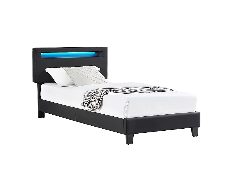 Lit LED simple 90x190 cm avec sommier, tête de lit réglable en hauteur, en tissu noir, AUSTIN